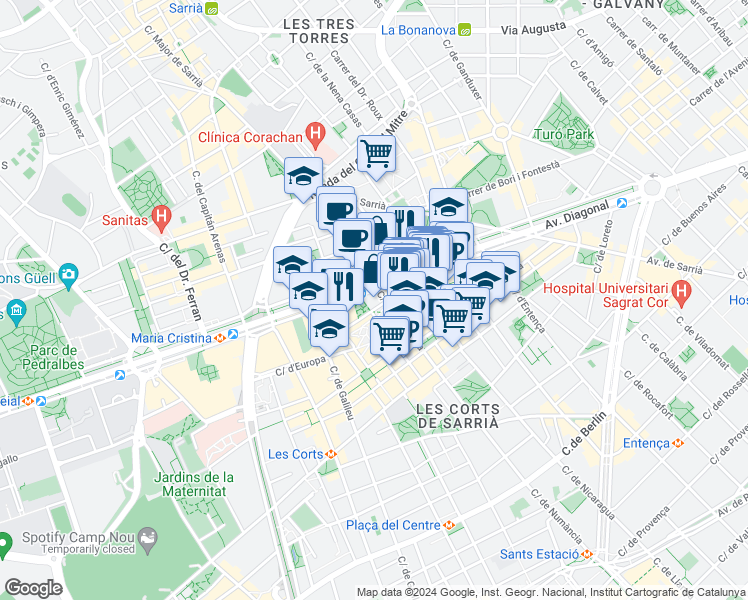 map of restaurants, bars, coffee shops, grocery stores, and more near 579 Avinguda Diagonal in Barcelona