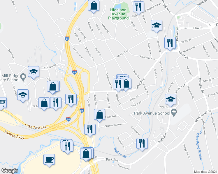 map of restaurants, bars, coffee shops, grocery stores, and more near 2 Lawncrest Road in Danbury