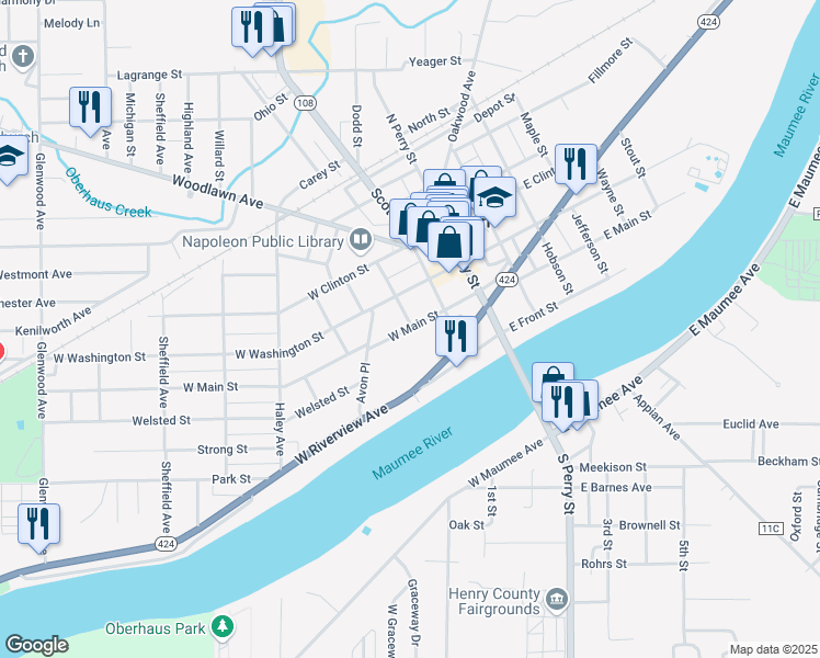 map of restaurants, bars, coffee shops, grocery stores, and more near 303 West Main Street in Napoleon