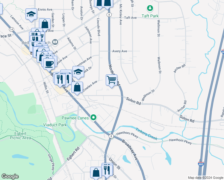 map of restaurants, bars, coffee shops, grocery stores, and more near 900 Northfield Road in Bedford