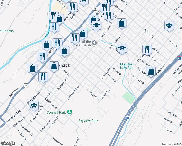 map of restaurants, bars, coffee shops, grocery stores, and more near 1501 South Webster Avenue in Scranton