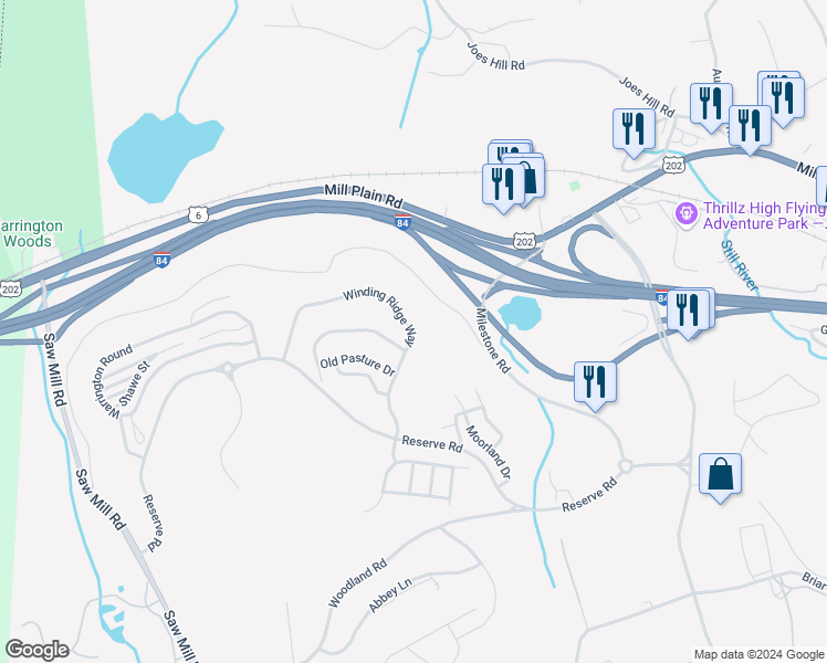 map of restaurants, bars, coffee shops, grocery stores, and more near 33 Winding Ridge Way in Danbury