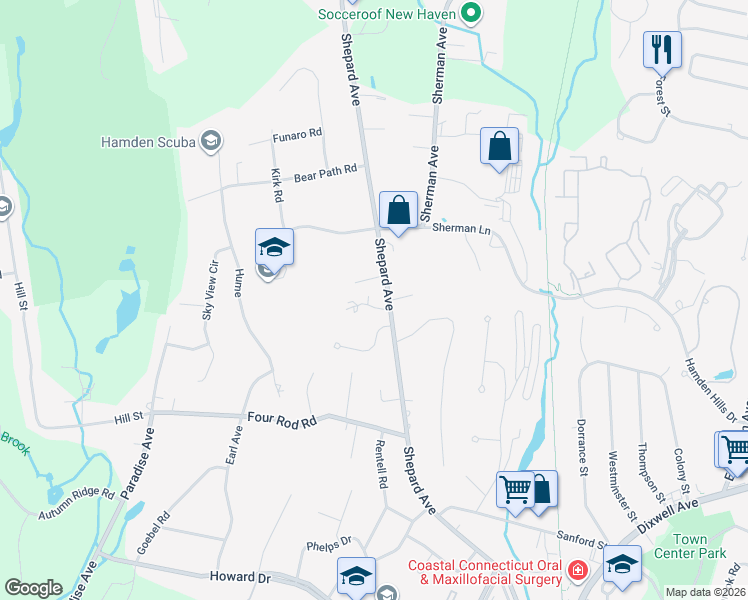 map of restaurants, bars, coffee shops, grocery stores, and more near 19 Shepard Hill Road in Hamden