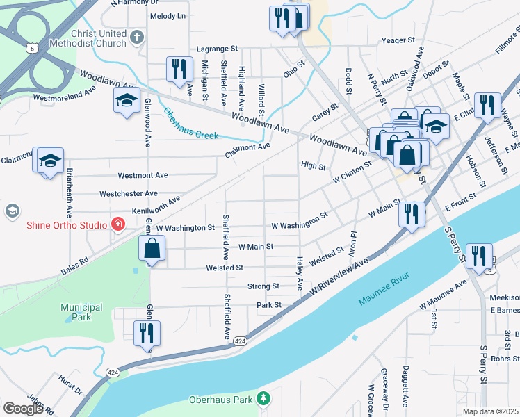 map of restaurants, bars, coffee shops, grocery stores, and more near 717 West Clinton Street in Napoleon