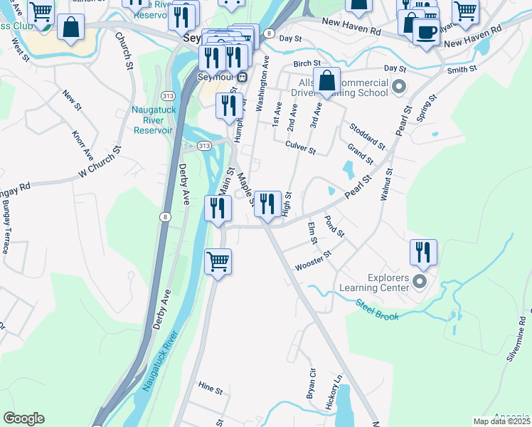 map of restaurants, bars, coffee shops, grocery stores, and more near 29 Maple Street in Seymour