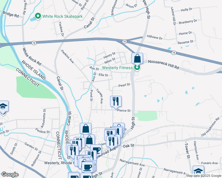map of restaurants, bars, coffee shops, grocery stores, and more near 34 Pearl Street in Westerly