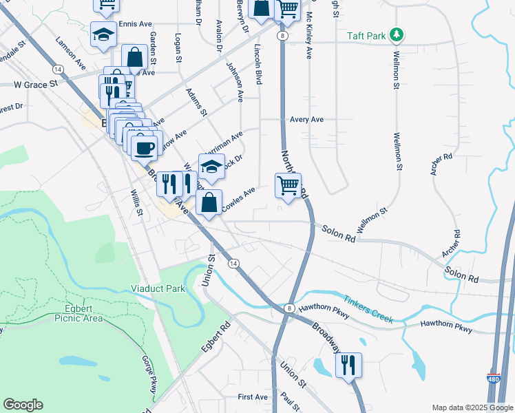 map of restaurants, bars, coffee shops, grocery stores, and more near 109 Solon Road in Bedford