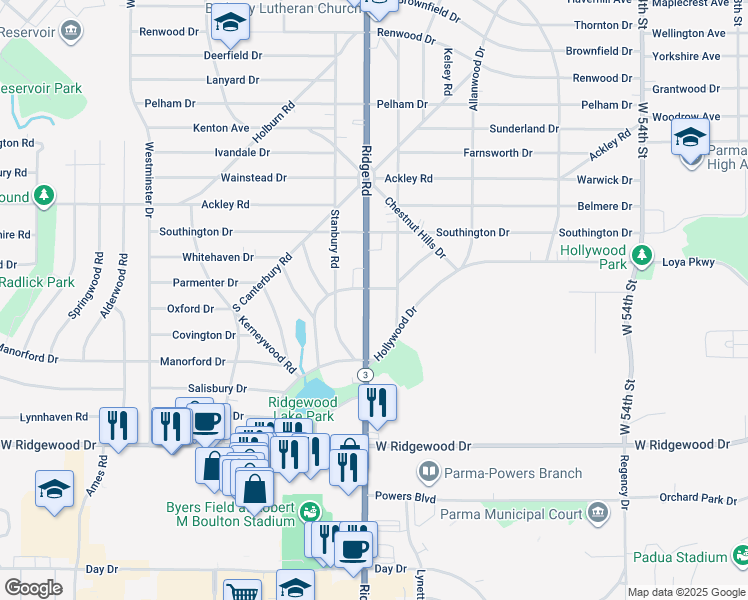 map of restaurants, bars, coffee shops, grocery stores, and more near 6410 Ridge Road in Parma