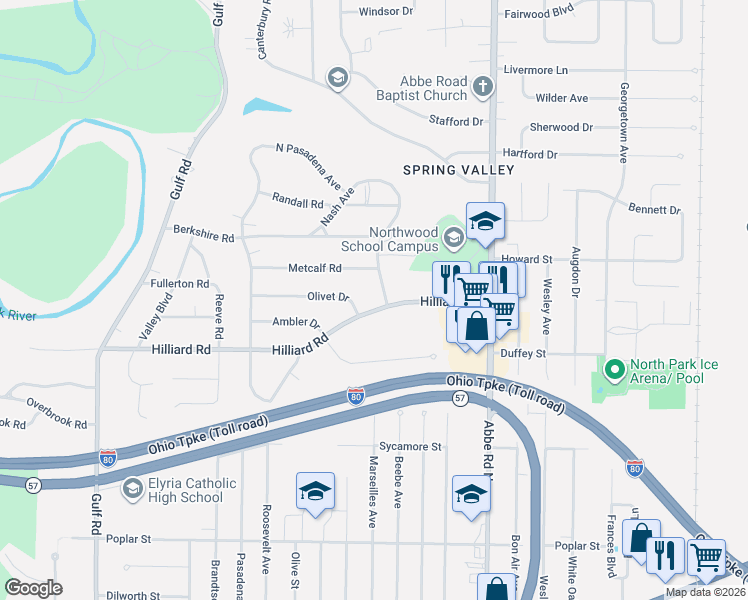 map of restaurants, bars, coffee shops, grocery stores, and more near 486 Olivet Drive in Elyria