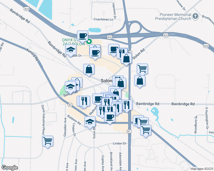 map of restaurants, bars, coffee shops, grocery stores, and more near 33490 Bainbridge Road in Solon