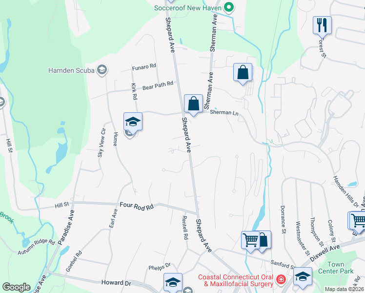 map of restaurants, bars, coffee shops, grocery stores, and more near 19 Shepard Hill Road in Hamden