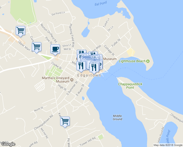 map of restaurants, bars, coffee shops, grocery stores, and more near 20 Main Street in Edgartown