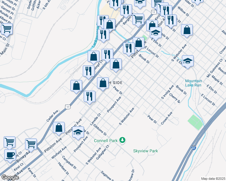 map of restaurants, bars, coffee shops, grocery stores, and more near 520 Pear Street in Scranton