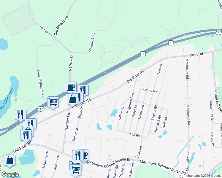 map of restaurants, bars, coffee shops, grocery stores, and more near 3883 Old Post Road in Charlestown