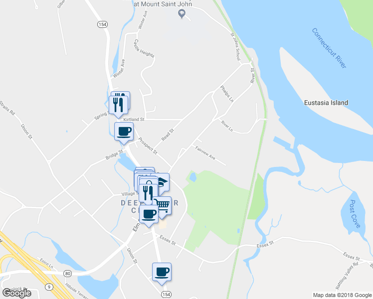 map of restaurants, bars, coffee shops, grocery stores, and more near 58 River St in Deep River