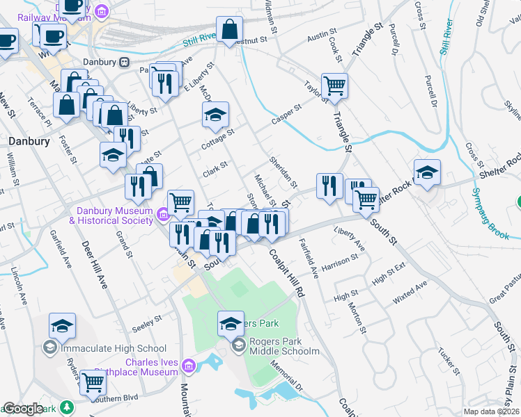 map of restaurants, bars, coffee shops, grocery stores, and more near 10 Michael Street in Danbury
