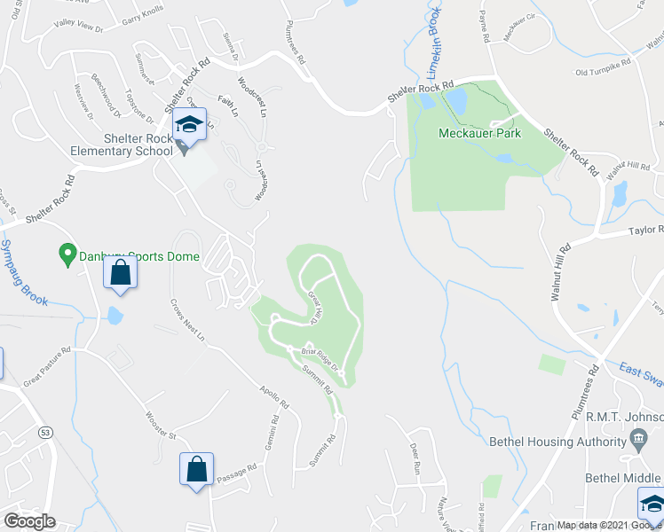 map of restaurants, bars, coffee shops, grocery stores, and more near 126 Great Hill Drive in Bethel