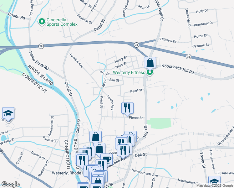 map of restaurants, bars, coffee shops, grocery stores, and more near 21 Brenden Street in Westerly