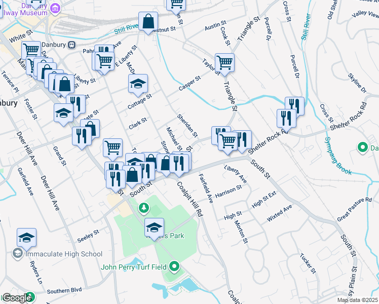 map of restaurants, bars, coffee shops, grocery stores, and more near 24 Triangle Street in Danbury