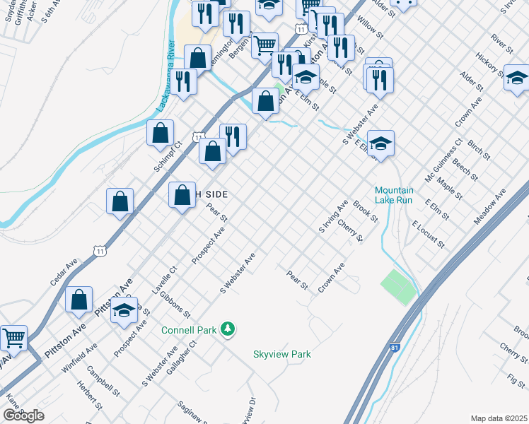map of restaurants, bars, coffee shops, grocery stores, and more near 615 Palm Street in Scranton
