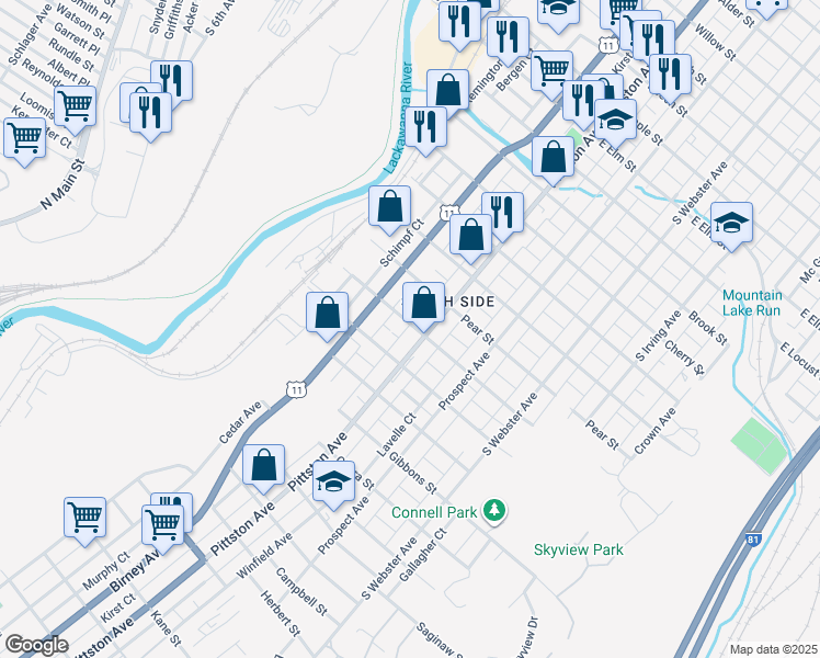 map of restaurants, bars, coffee shops, grocery stores, and more near 445 Genet Street in Scranton