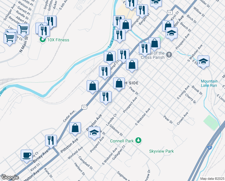 map of restaurants, bars, coffee shops, grocery stores, and more near 1815 Cedar Avenue in Scranton