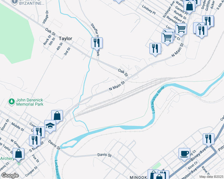 map of restaurants, bars, coffee shops, grocery stores, and more near 441 North Main Street in Taylor