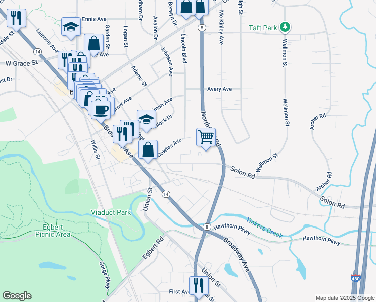 map of restaurants, bars, coffee shops, grocery stores, and more near 109 Solon Road in Bedford
