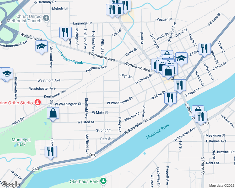 map of restaurants, bars, coffee shops, grocery stores, and more near 539 West Clinton Street in Napoleon