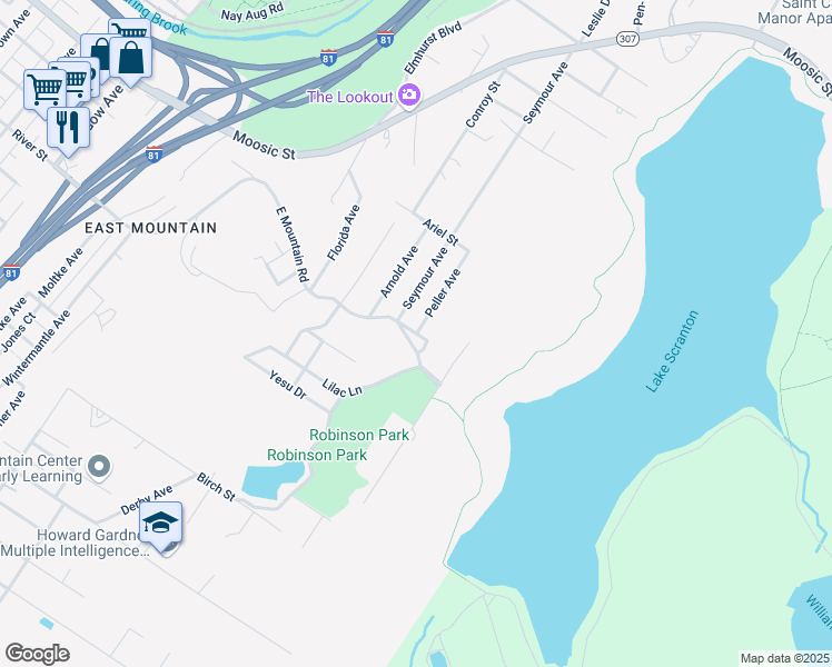 map of restaurants, bars, coffee shops, grocery stores, and more near 1899 E Mountain Rd in Scranton