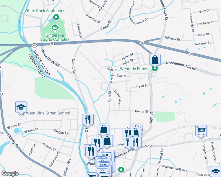 map of restaurants, bars, coffee shops, grocery stores, and more near 29 Pond Street in Westerly