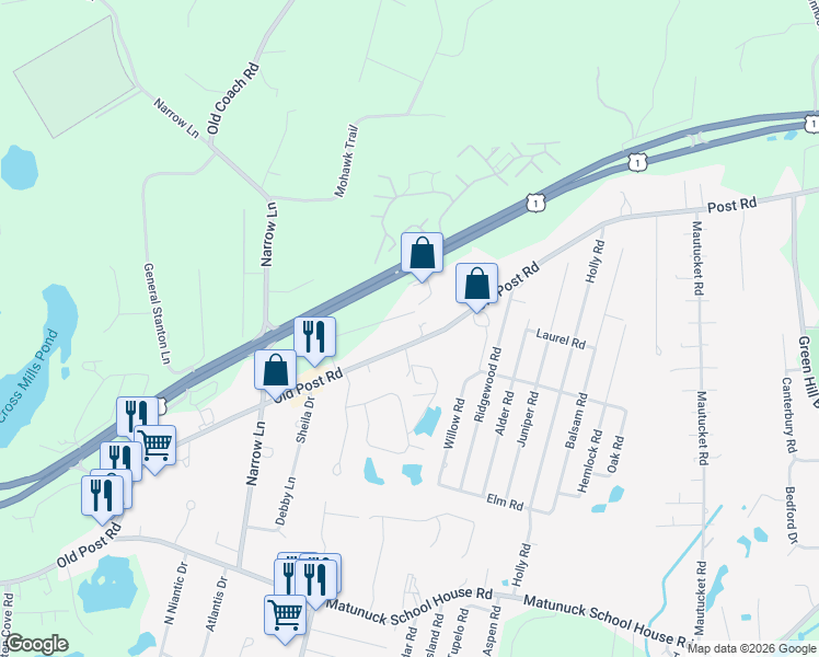 map of restaurants, bars, coffee shops, grocery stores, and more near 3883 Old Post Rd in Charlestown