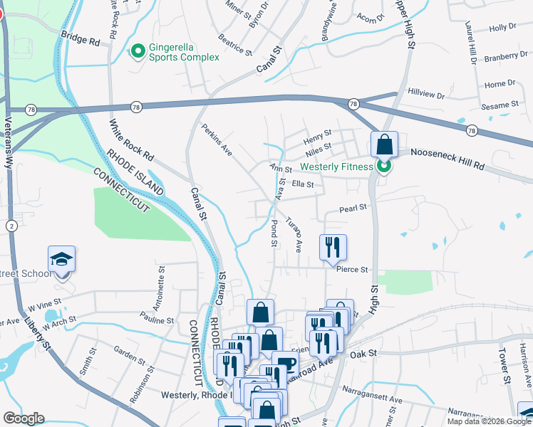 map of restaurants, bars, coffee shops, grocery stores, and more near 29 Pond Street in Westerly