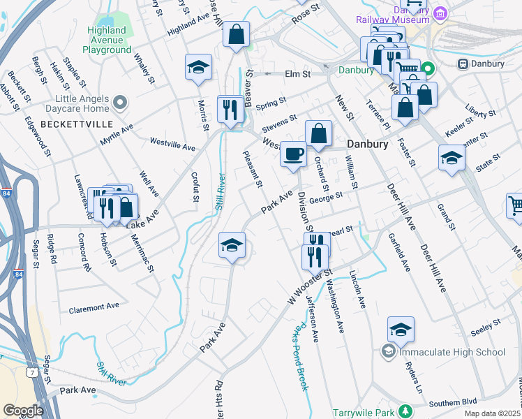 map of restaurants, bars, coffee shops, grocery stores, and more near 36 Pleasant Street in Danbury