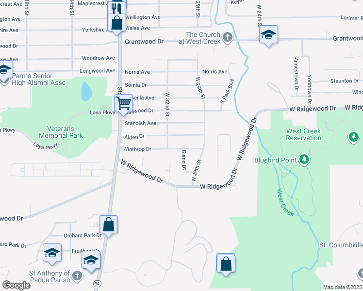 map of restaurants, bars, coffee shops, grocery stores, and more near 3090 Winthrop Drive in Parma