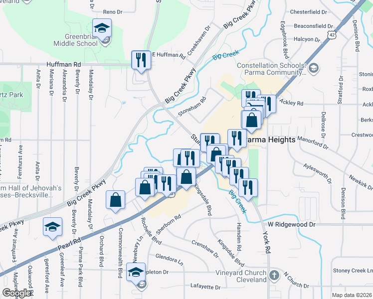 map of restaurants, bars, coffee shops, grocery stores, and more near 11551 Riverview Court in Parma Heights
