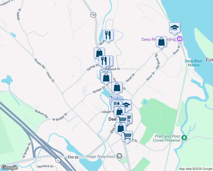 map of restaurants, bars, coffee shops, grocery stores, and more near 108 Main St in Deep River