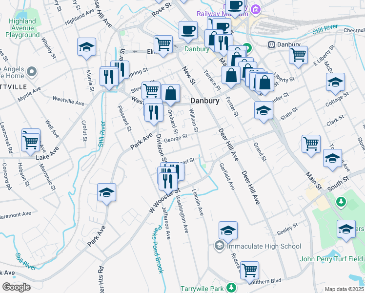 map of restaurants, bars, coffee shops, grocery stores, and more near 11 Doctor Aaron B Samuels Boulevard in Danbury