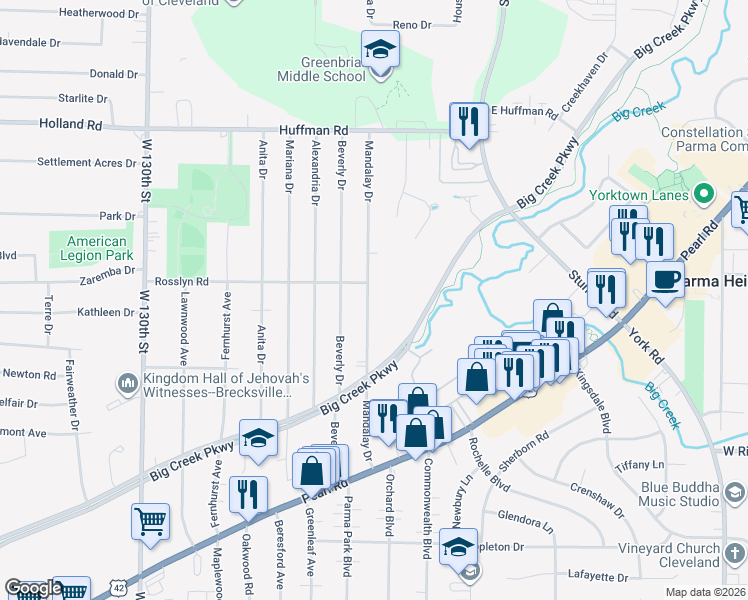 map of restaurants, bars, coffee shops, grocery stores, and more near 6419 Mandalay Drive in Parma Heights