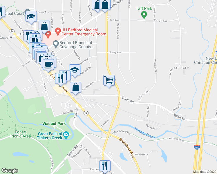 map of restaurants, bars, coffee shops, grocery stores, and more near 900 Northfield Road in Bedford