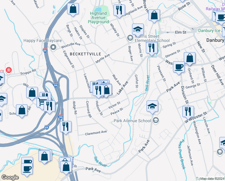 map of restaurants, bars, coffee shops, grocery stores, and more near 3 Abbott Avenue in Danbury