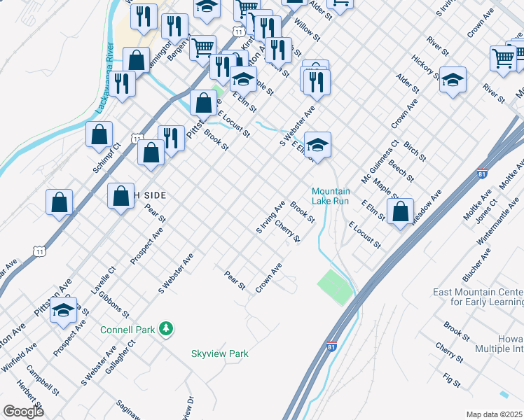 map of restaurants, bars, coffee shops, grocery stores, and more near 1399 Grimes Ct in Scranton