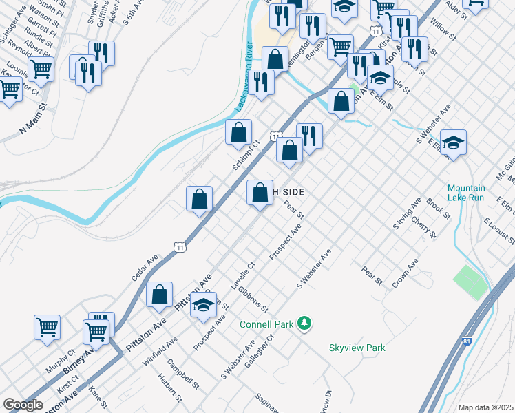 map of restaurants, bars, coffee shops, grocery stores, and more near 445 Genet Street in Scranton