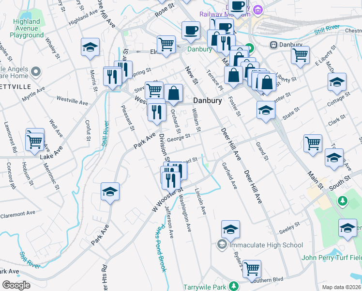 map of restaurants, bars, coffee shops, grocery stores, and more near 11 Doctor Aaron B Samuels Boulevard in Danbury