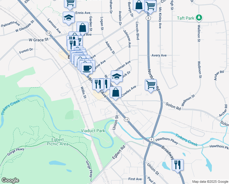 map of restaurants, bars, coffee shops, grocery stores, and more near 34 East Monroe Street in Bedford