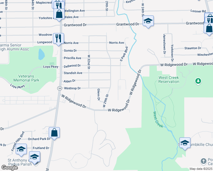 map of restaurants, bars, coffee shops, grocery stores, and more near 2956 Winthrop Dr in Parma