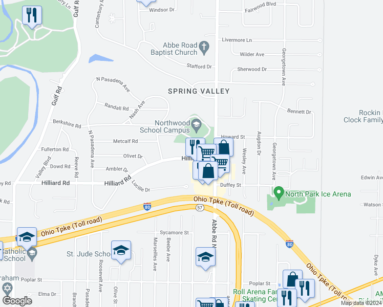 map of restaurants, bars, coffee shops, grocery stores, and more near 628 Hilliard Road in Elyria