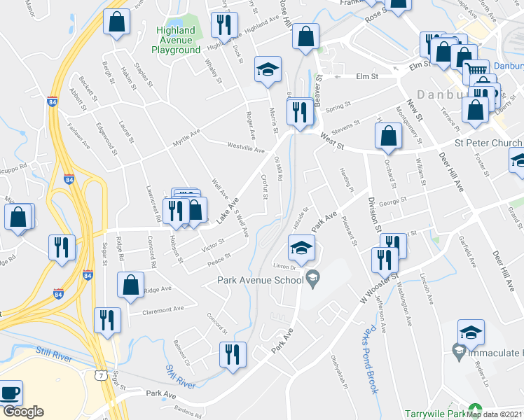map of restaurants, bars, coffee shops, grocery stores, and more near 16 Crofut Street in Danbury