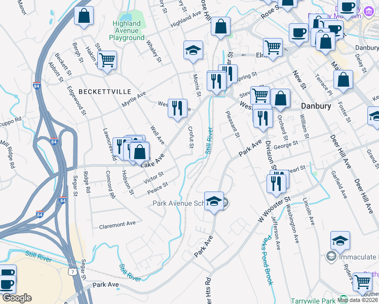 map of restaurants, bars, coffee shops, grocery stores, and more near 16 Crofut Street in Danbury