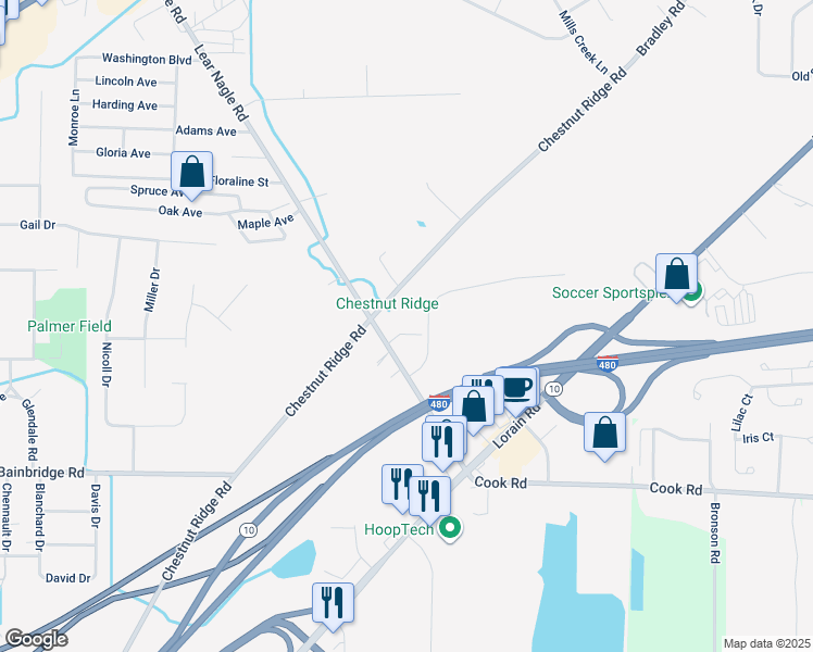 map of restaurants, bars, coffee shops, grocery stores, and more near 32778 Glen Drive in North Ridgeville